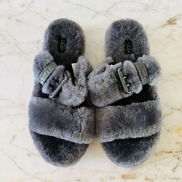 UGG AUSTRALIA Grey Fuzz Yeah Slide Slippers - US 7 - Picture 2 of 9